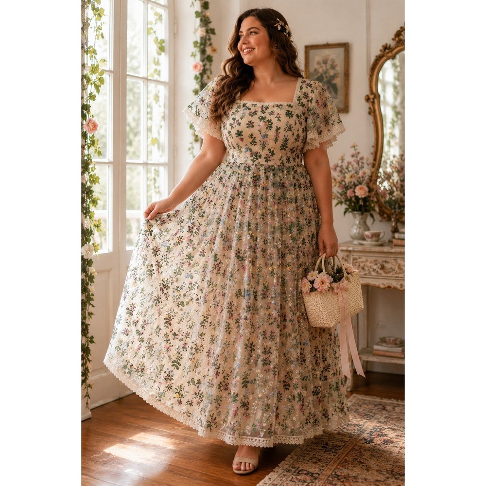 NWT JessaKae GARDINIA Tulle Embroidered Maxi Dress 5X Floral Cottagecore Fairy